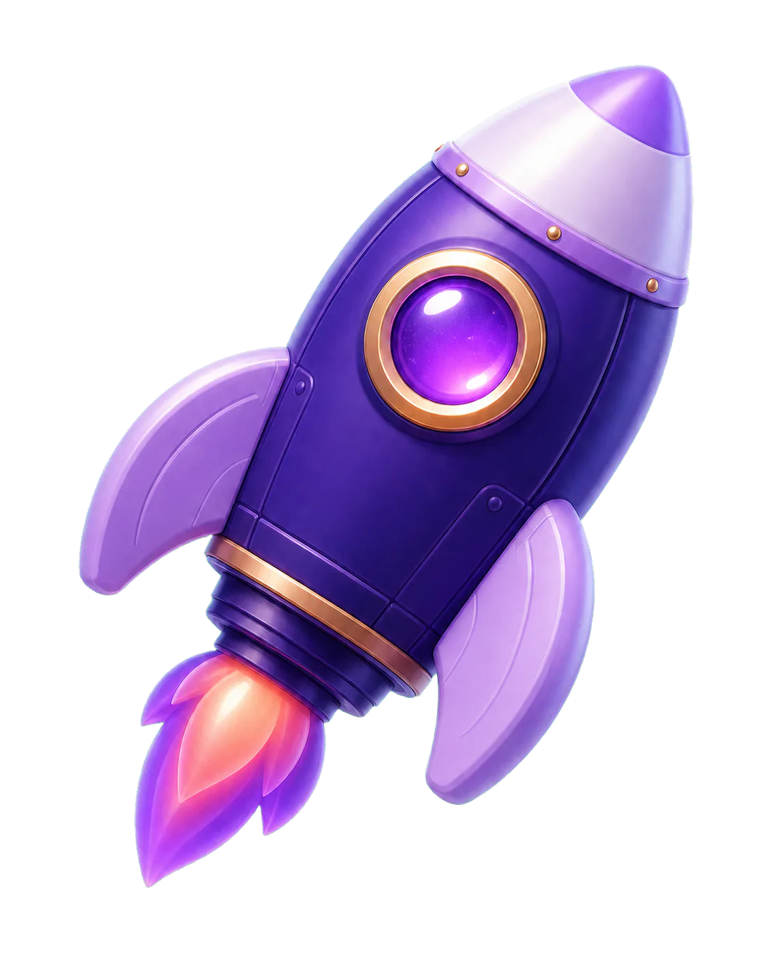 A purple rocket Quizly takes off