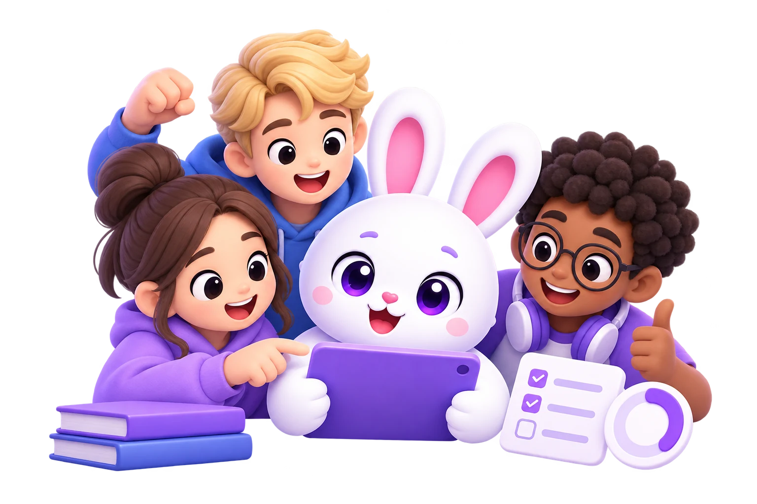 Four members of a Study Group Quizly celebrate together